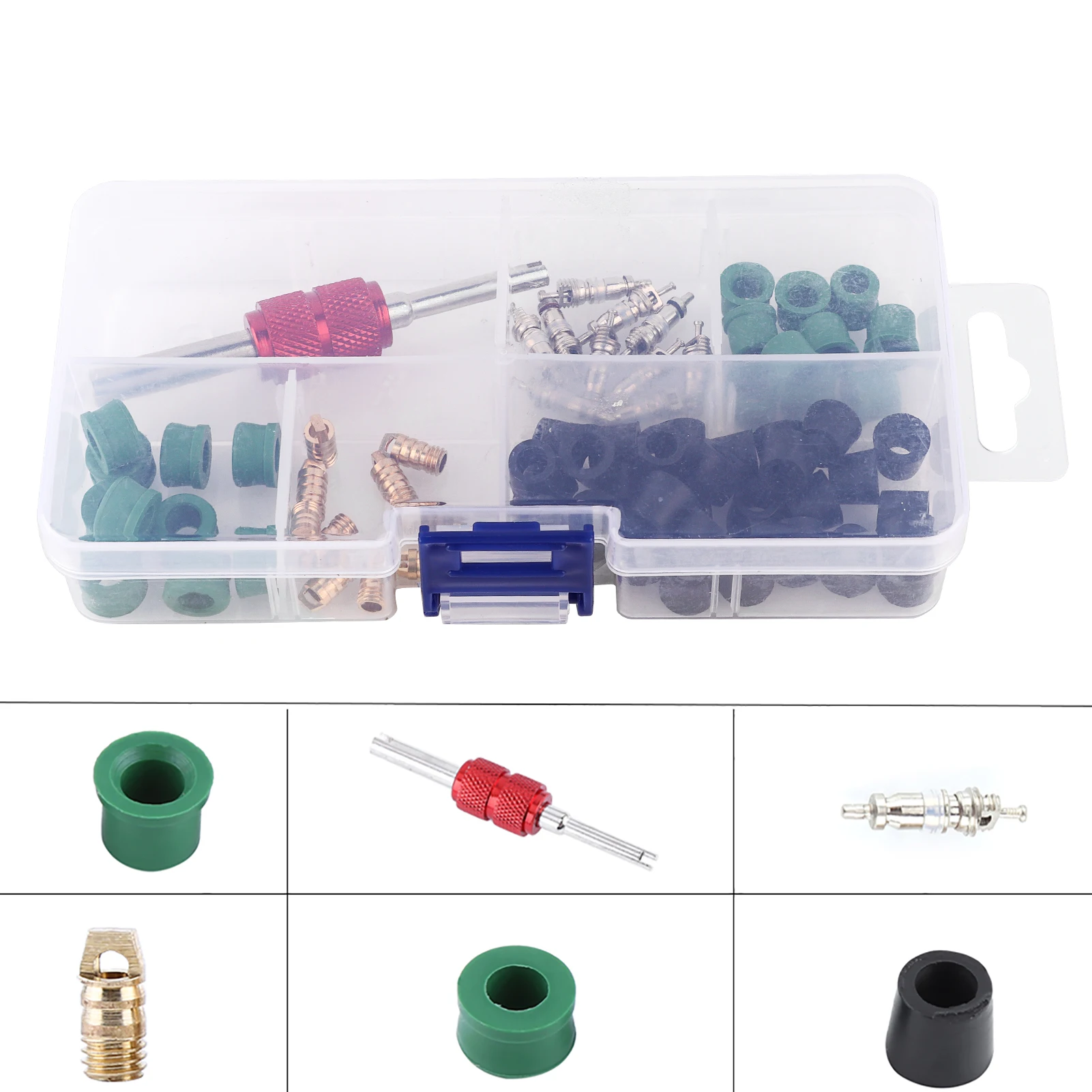 71pcs Air Condition Repair Kit Repair Tool 10pcs Valve Cores 50pcs Hose Gaskets 10pc Valves