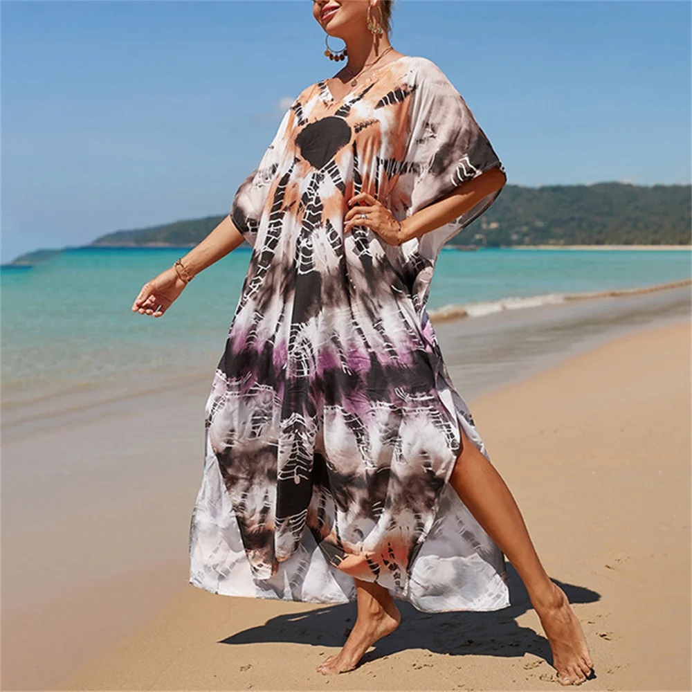 bikini cover up 2022 Long Kaftan Bohemian Printed Bikini Cover-Ups Sexy V-Neck Half Sleeve Maxi Dress Tunic Women Beach Wear Swim Suit Cover Up bathing suit skirt cover up