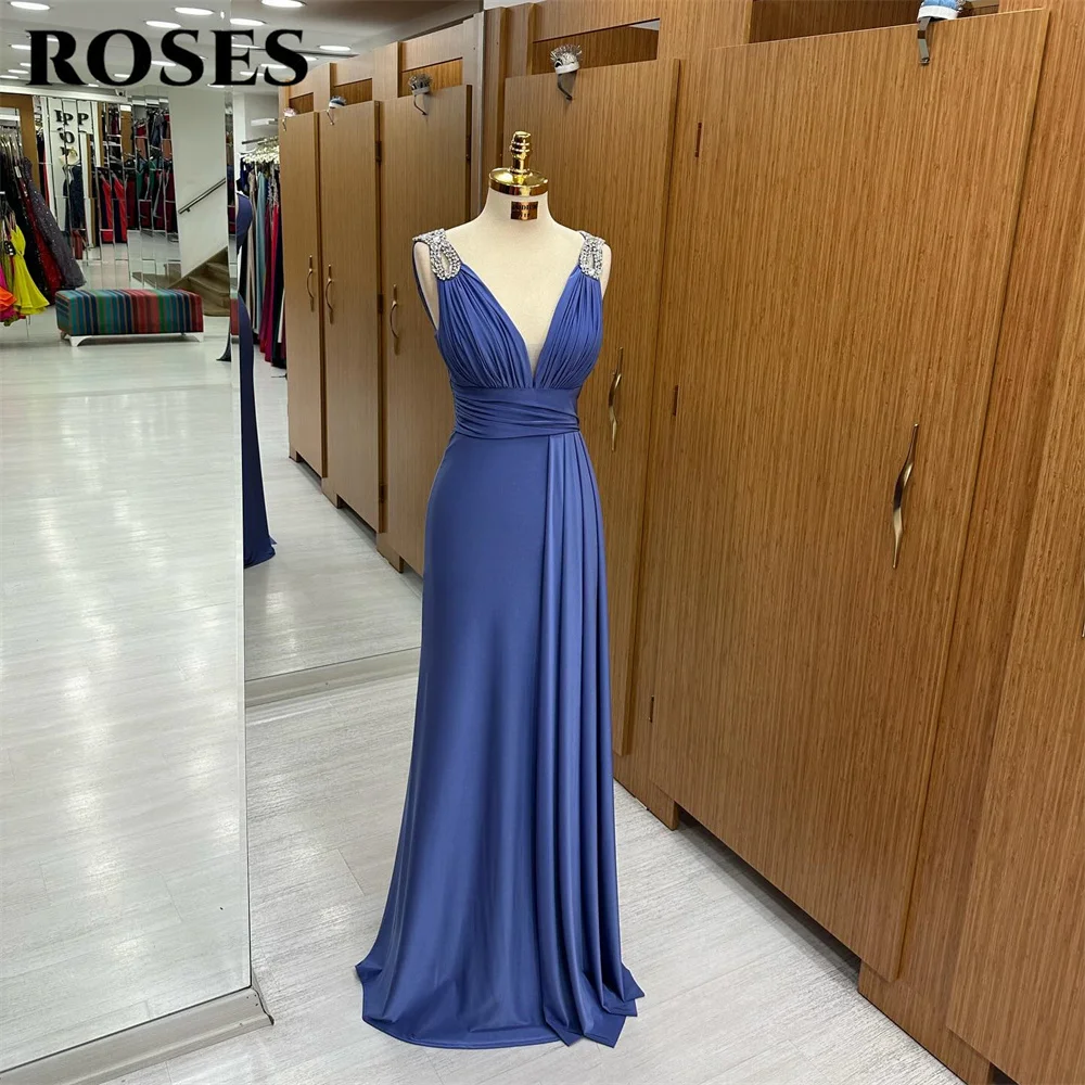 

ROSES V-Neck Charming Prom Dresses Gown Tank With beading Pleat Formal Gown Blue Stain Mermaid Evening Gowns vestidos de noche