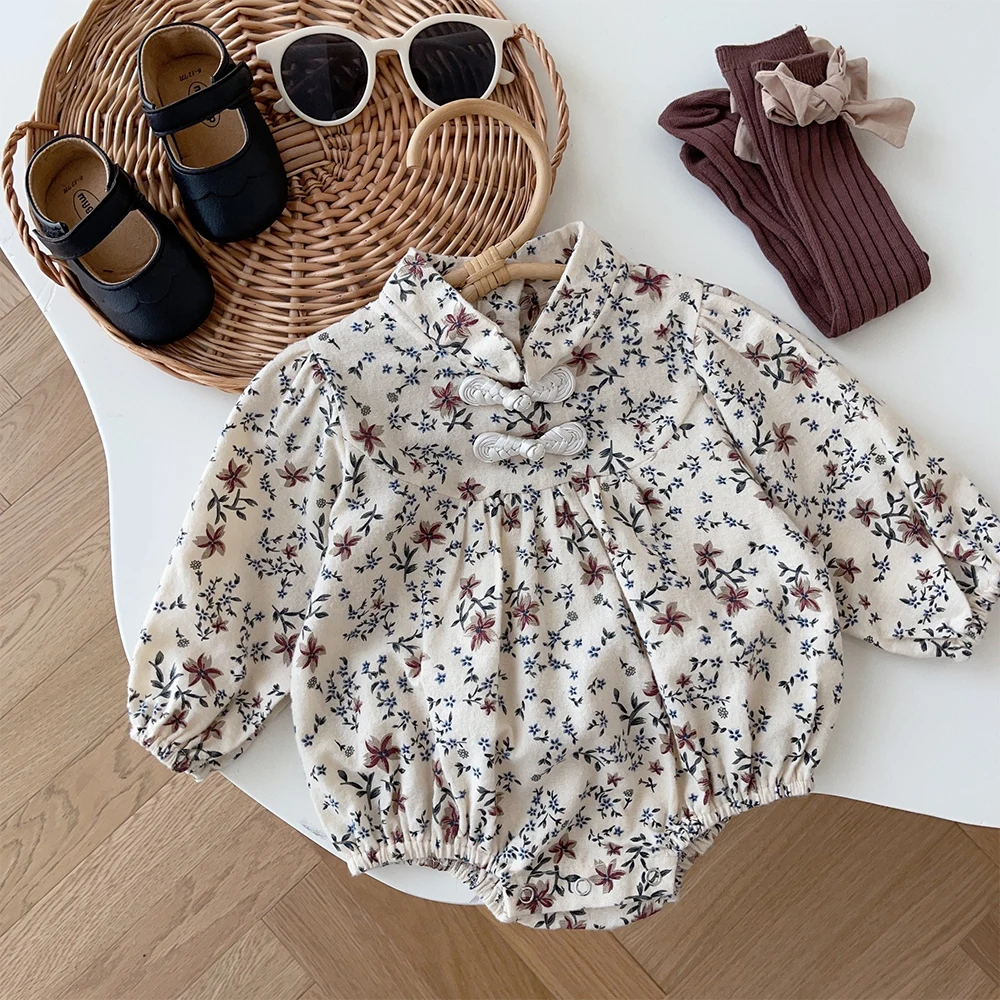 

Menoea Baby Triangle Creeper 2023 Autumn New Girls' Sweet Flower Print Button Long Sleeve Bodysuit 0-2 Year Baby Dress