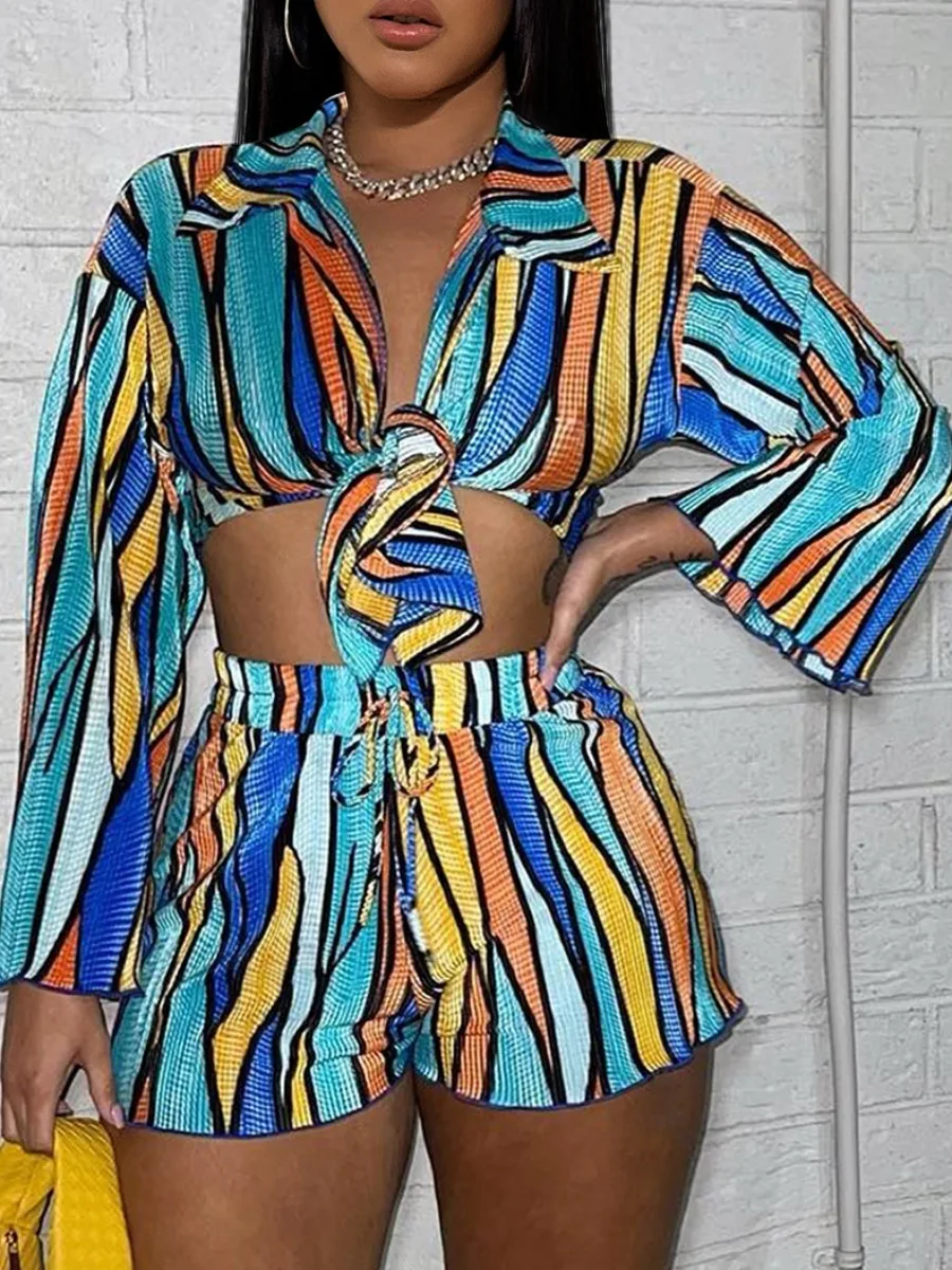 LW Multicolor Two Pieces Shorts Suit Mixed Print Shorts Set Half Sleeve Front Top&All Print Drawstring Bottoms Boho 2pcs 328pcs car electrical cable tube kits heat shrink tube tubing wrap sleeve assorted 8 sizes mixed color hand tool combination