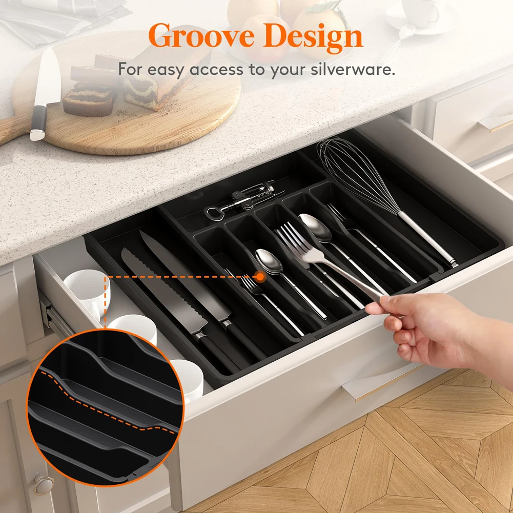 8 Grids Adjustable Kitchen Storage Organizer Tray – Plastic Multifunctional Drawer Organizer for Kitchen Counter Utensils