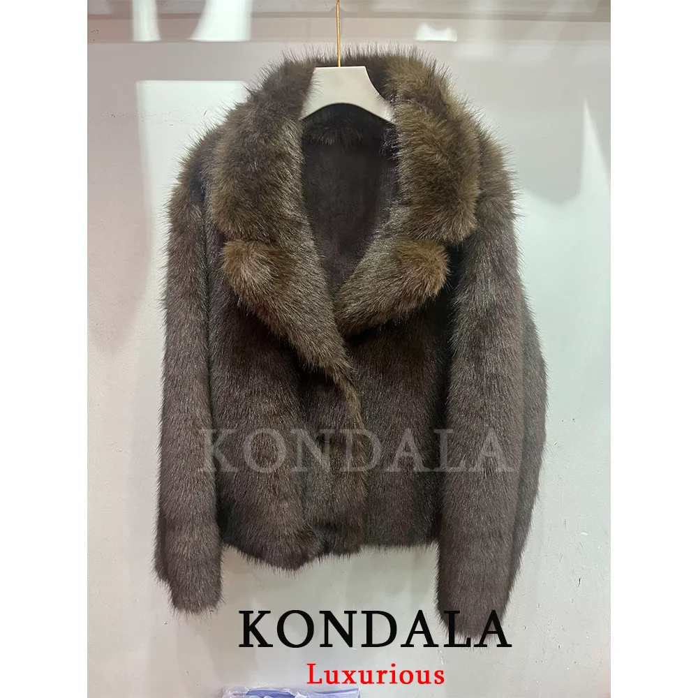 Brown Leather Fur Coat - Women's Casual Winter Jacket With Buttons & Pockets