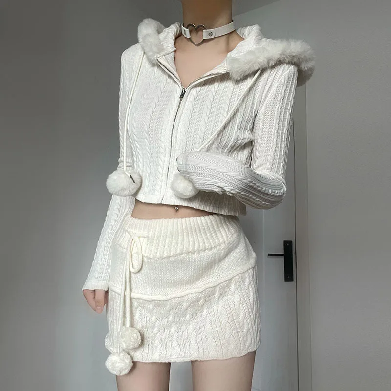 

Fried Dough Twists Texture Hooded Cardigan High Waist Open Navel Zipper Knitted Short Group Two-Piece Suit Open y2k Skirt