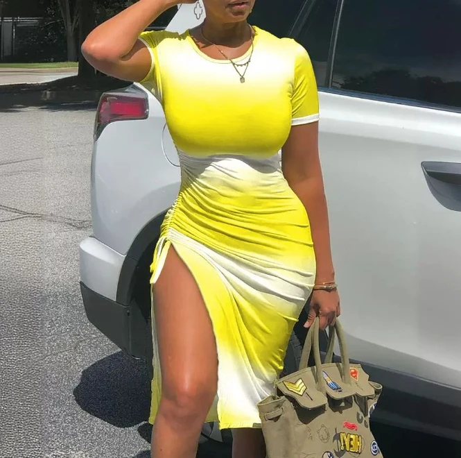 

Women's Spring/summer New Round Neck Knee Length Fashion Print Gradient Drawstring Split Tight and Versatile Basic Dress
