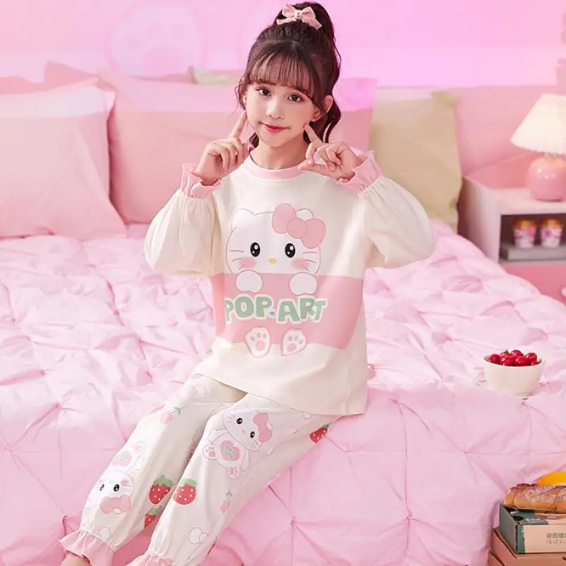 

Sanrios Anime Hellokitty Cotton Pajamas Kuromi Cartoon Child Round Neck Long Sleeved Home Clothing Casual Comfortable Nightgown