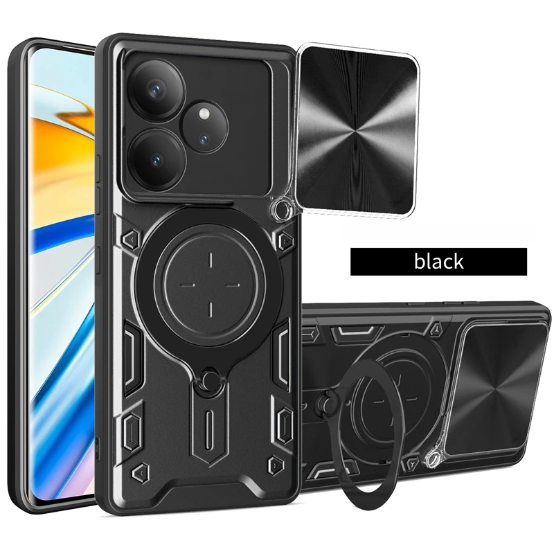 Enhanced Slide Lens Protect Phone Case with Armor Magnetic Holder and Ring Back Cover