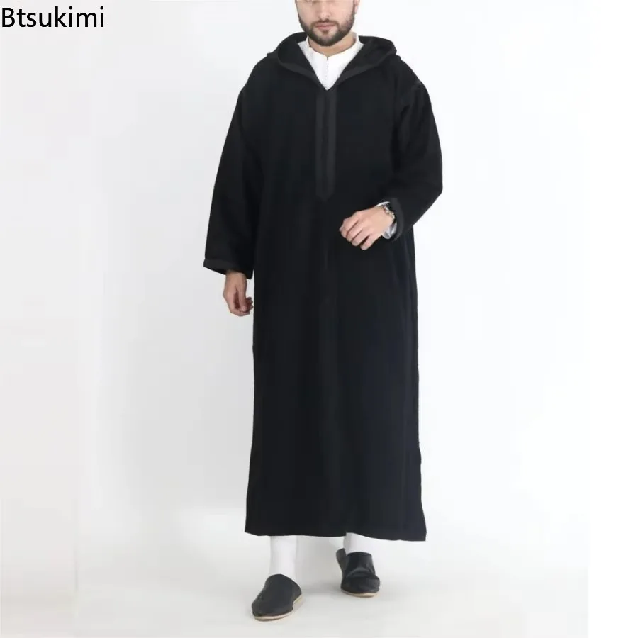 Marocain Noir Gris 3-Quarter Longueur Rayé Laine Blend à Capuche Thobe Djellaba