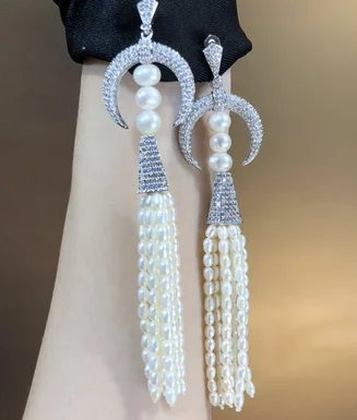 Hot sell European American styles natural white freshwater pearl micro inlay zircon Moon earrings fashion jewelry