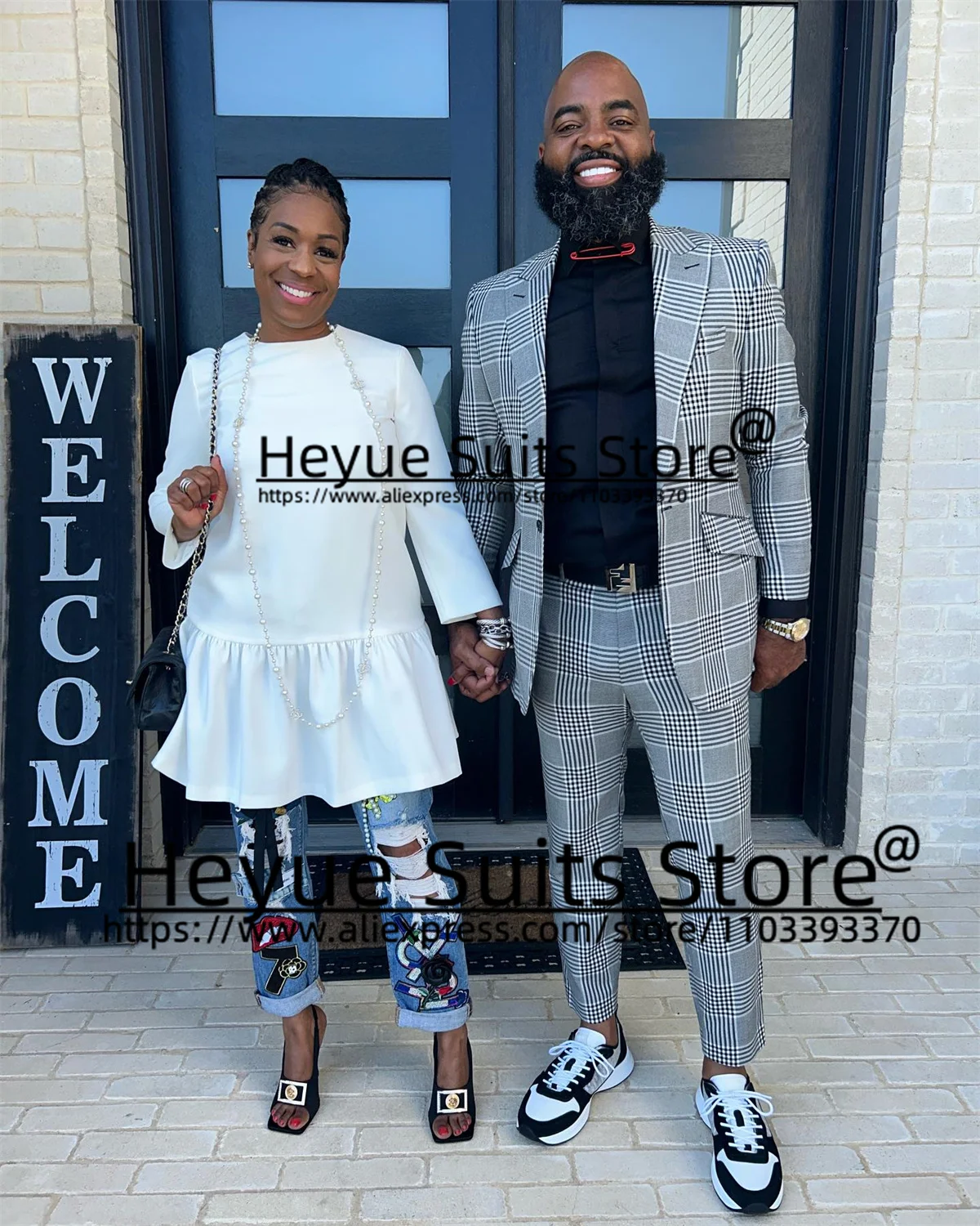 Casual houndstooth Prom Suits For Men Custom Slim Fit Peak Lapel Groom Wedding  Tuxedos 2 Pieces Sets traje de hombre elegante