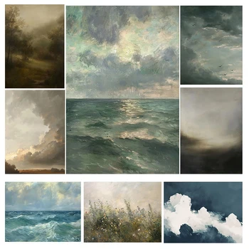 Affiches d'art de paysage de nuage Vintage, plantes de forêt de ciel, imprimés modernes, peinture sur toile, images murales, décor de salon de maison 1