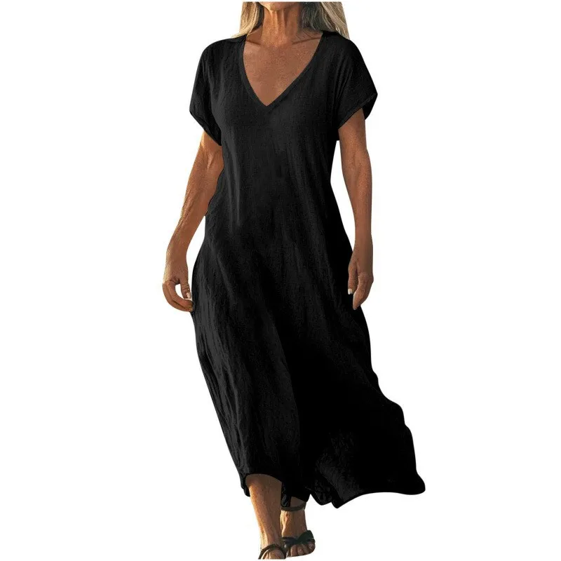 Linen V Neck Short Sleeve Summer Midi Dress for Women