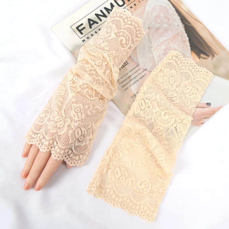 1 Pair Arm Sleeves Lace Sunscreen Short Gloves Ultra-thin UV Protection Arm Cover for Summer Sunblock Arm Cuffs Driving Sleeves