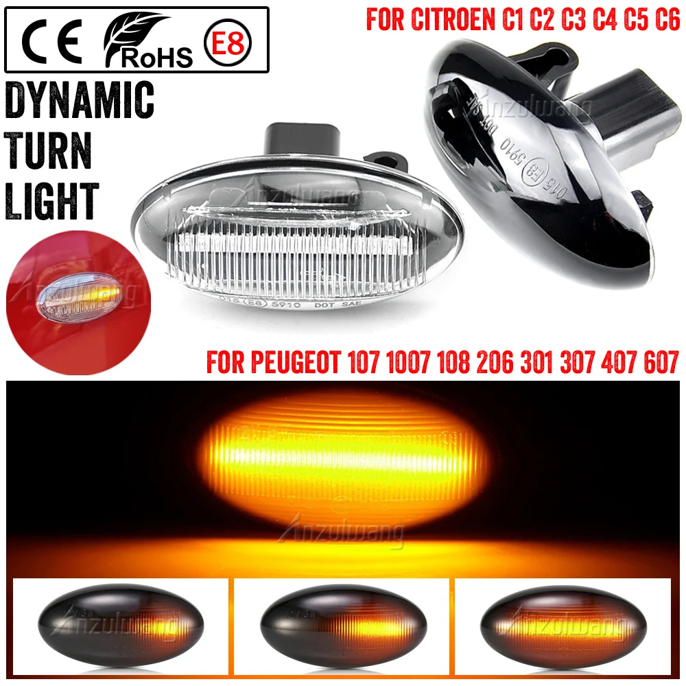 

Dynamic LED Flashing Turn Signal Lamp Side Marker Lights For Peugeot 307 206 407 107 607 1007 Citroen C1 C2 C3 C5 C6 Indicator