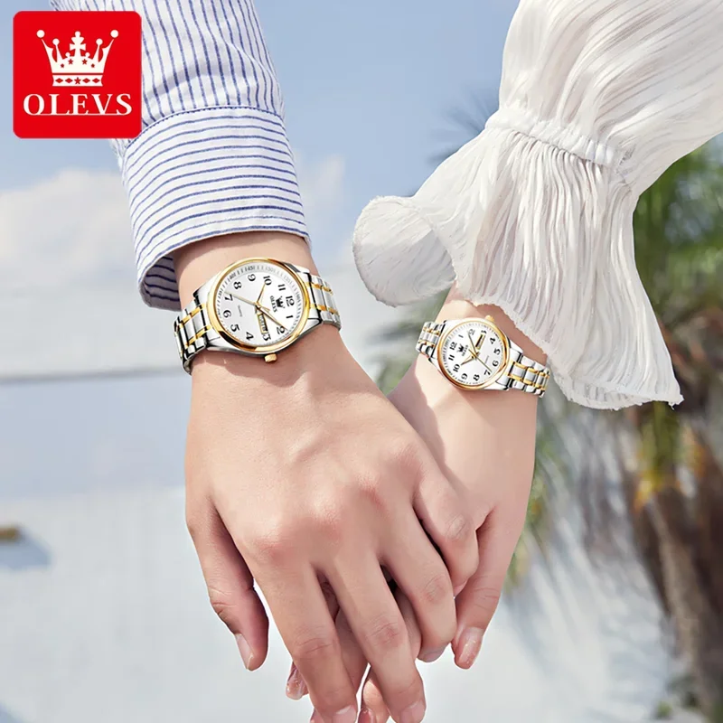 Olevs 5567 classic dual calendar quartz couple watch stainless steel number scale waterproof luxury watch men women