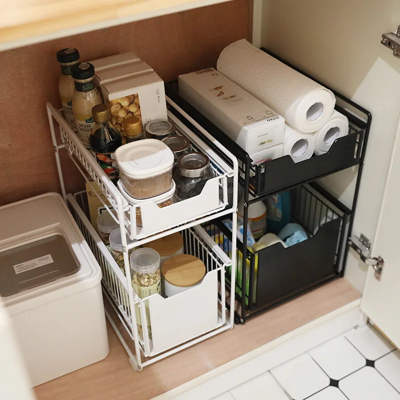 2 Tier Under Sink Storage Rack Sliding Basket With Wheels