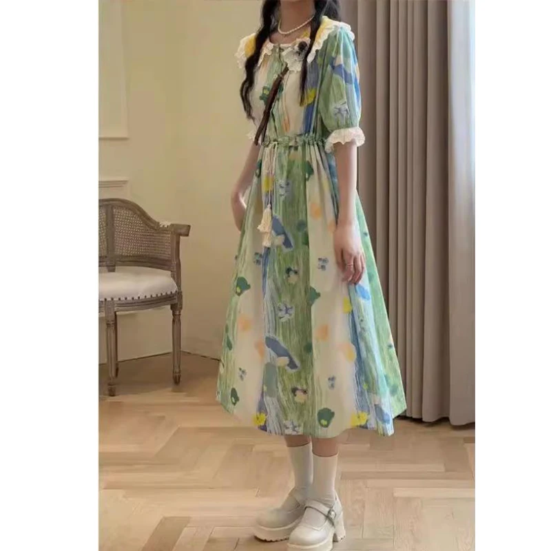 

Женское плиссированное платье с цветочным принтом, коротким рукавом и шнурком