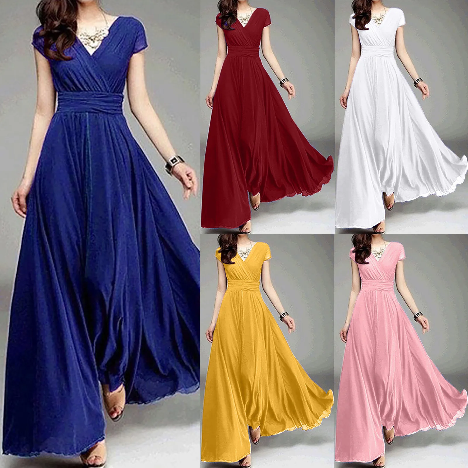 

Women's Fashion V Neck Short Sleeve Evening Party Dress Temperament Solid Colour Long Cocktail Dress Chiffon High Waist Dress