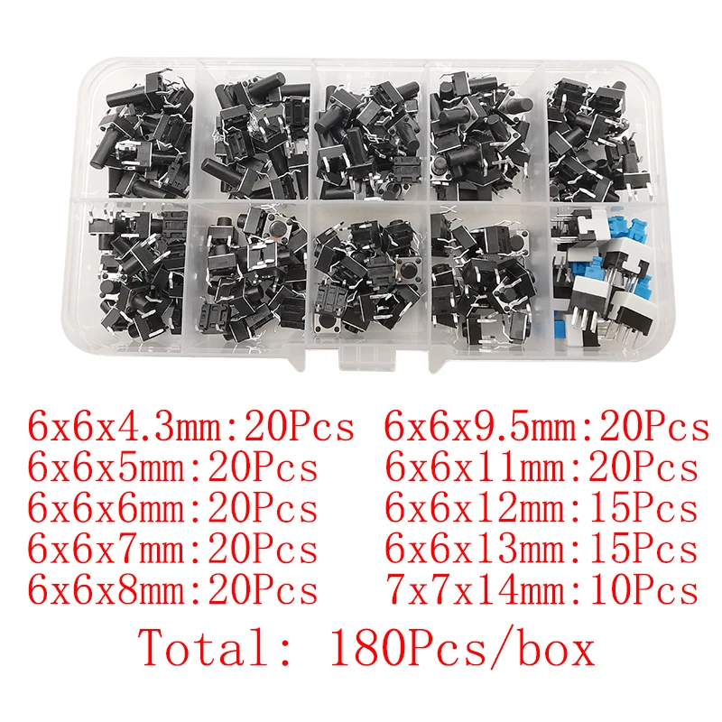 1Box 6x6mm Taktsc halter Panel Platine momentan taktile Mini-Drucktasten Schalter Kit 6x6mm x 4,3mm/5/6/7/8/9/10/11/mm 7x7x14mm – Detail 3