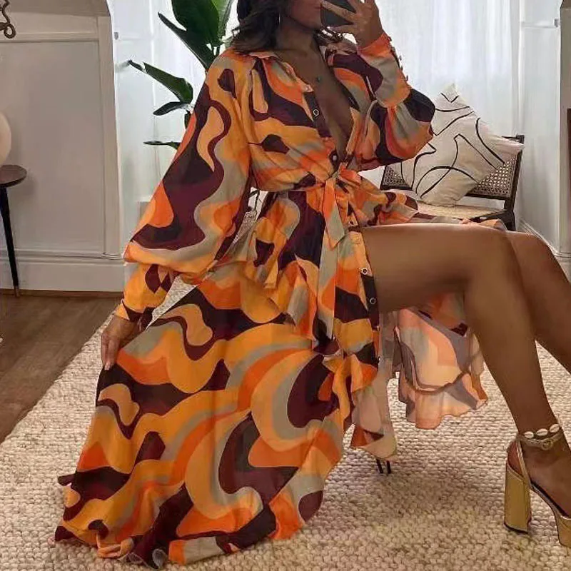 

Женское мини-платье на завязках, с геометрическим принтом и рукавами-фонариками