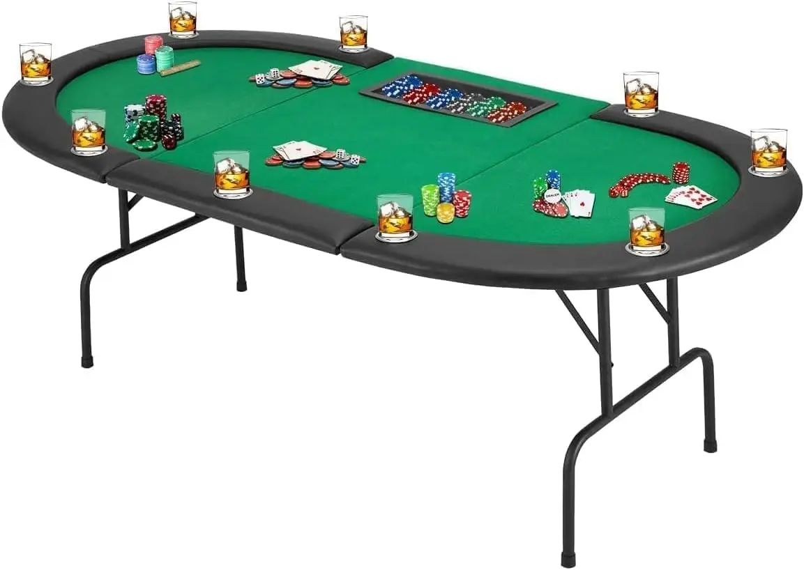 Poker Table with Stainless Steel Cup Holder, Oval Casino Leisure Table, Top Texas Hold'em Poker Table for 10 Player w/Leg, Green