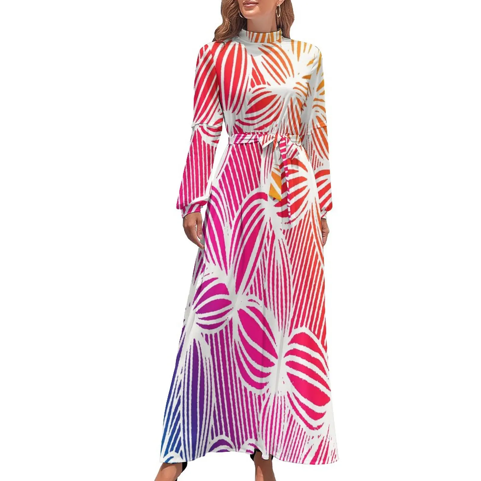 

Rainbow Lines Dress Pop Art Print Kawaii Maxi Dress Casual Beach Long Dresses High Waist Custom Clothing