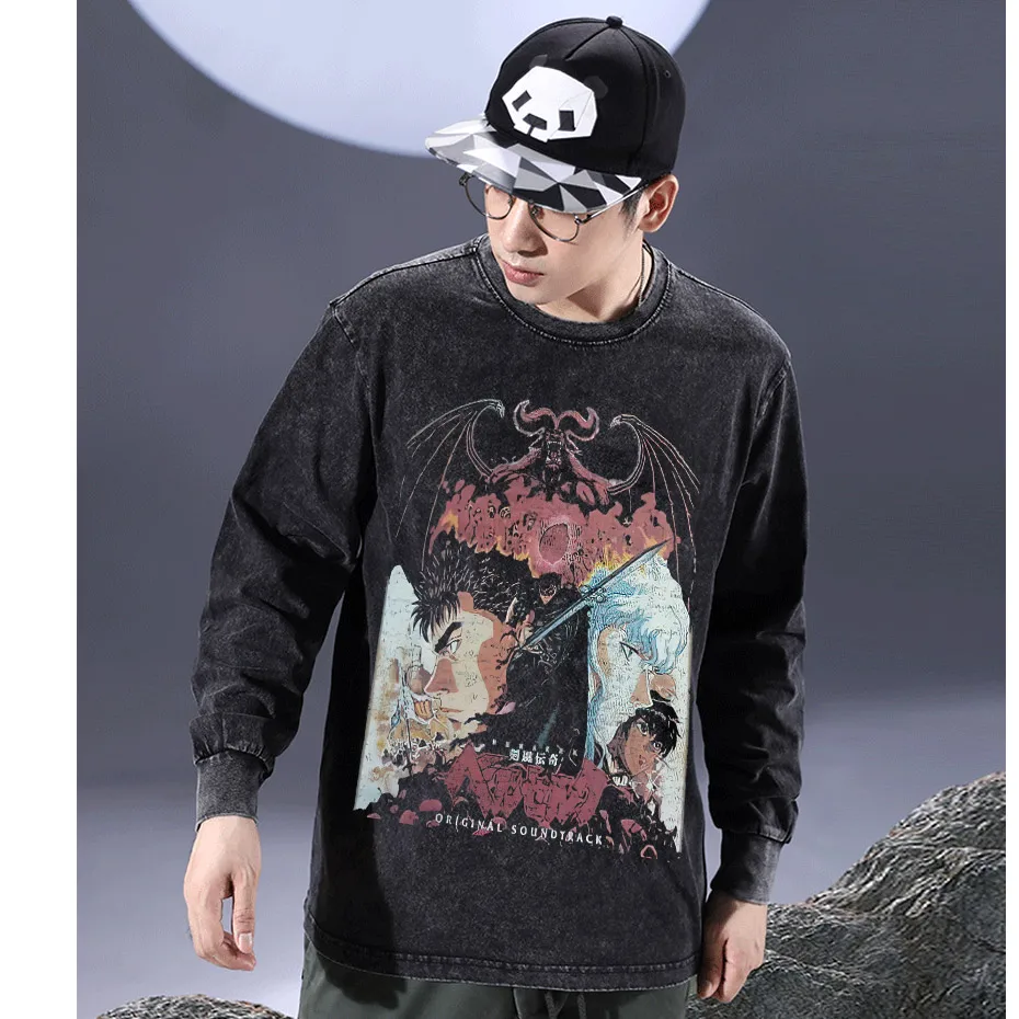 black source ANIME MANGA VINTAGE WASH UNISEX T-SHIRT Octopus Men Harajuku T-Shirt Japanese Style