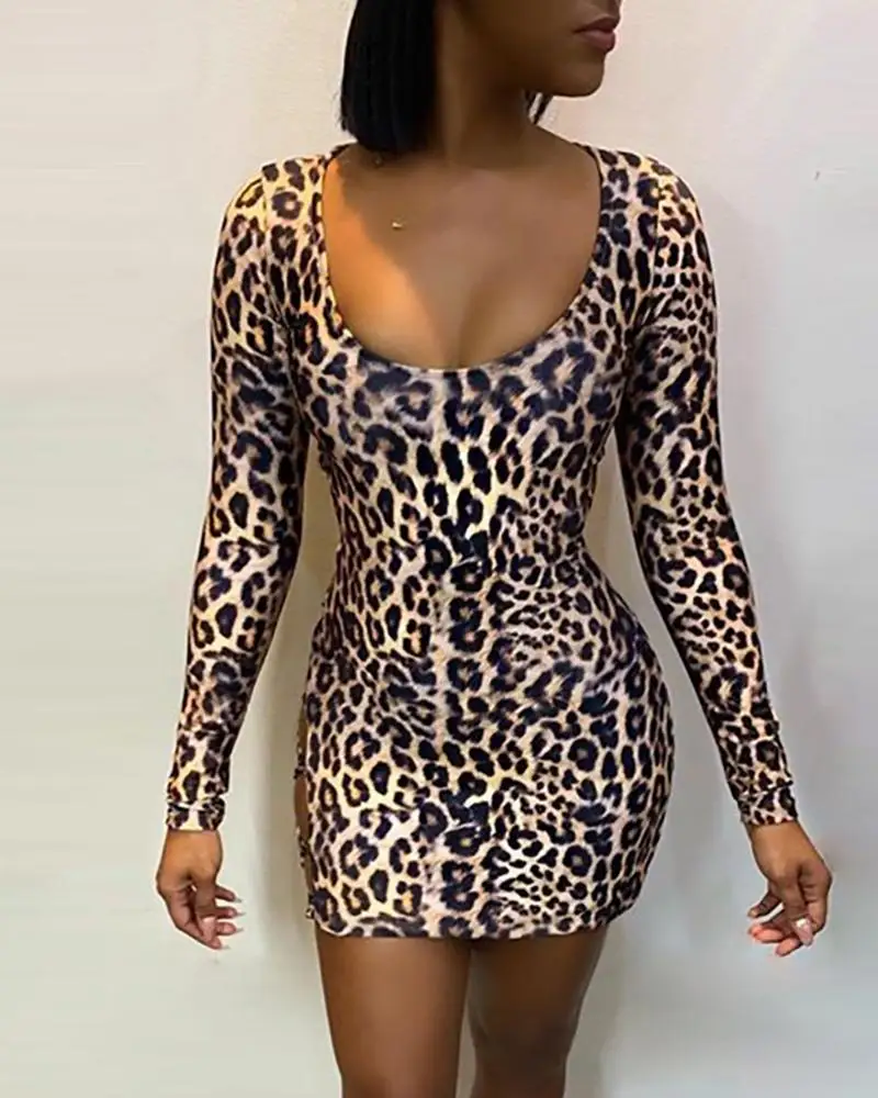 

BoozRey 2022 Sexy Spice Club Leopard Print Backless Lace-up Bag Hip Long-sleeved Dress