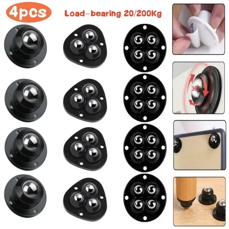 Furniture Casters 4Pcs Self Adhesive Mute Ball Pulley Universal Wheel Load 300Kg Furniture Casters Wheels Stainless Steel Wheel 360&deg; Rotation
