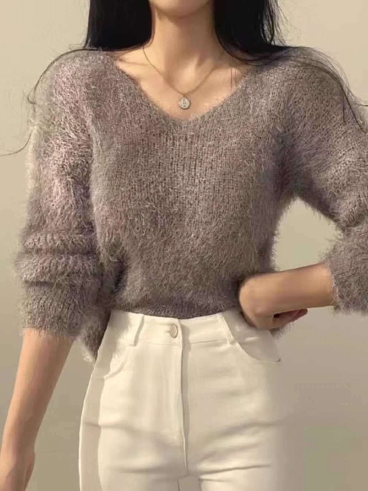 Women's Soft Cozy V-Ne Sweater Autumn Winter Faion Sweet Loose Fit Knitted Top Pink Color Trendy Ladies Sle Long Sve