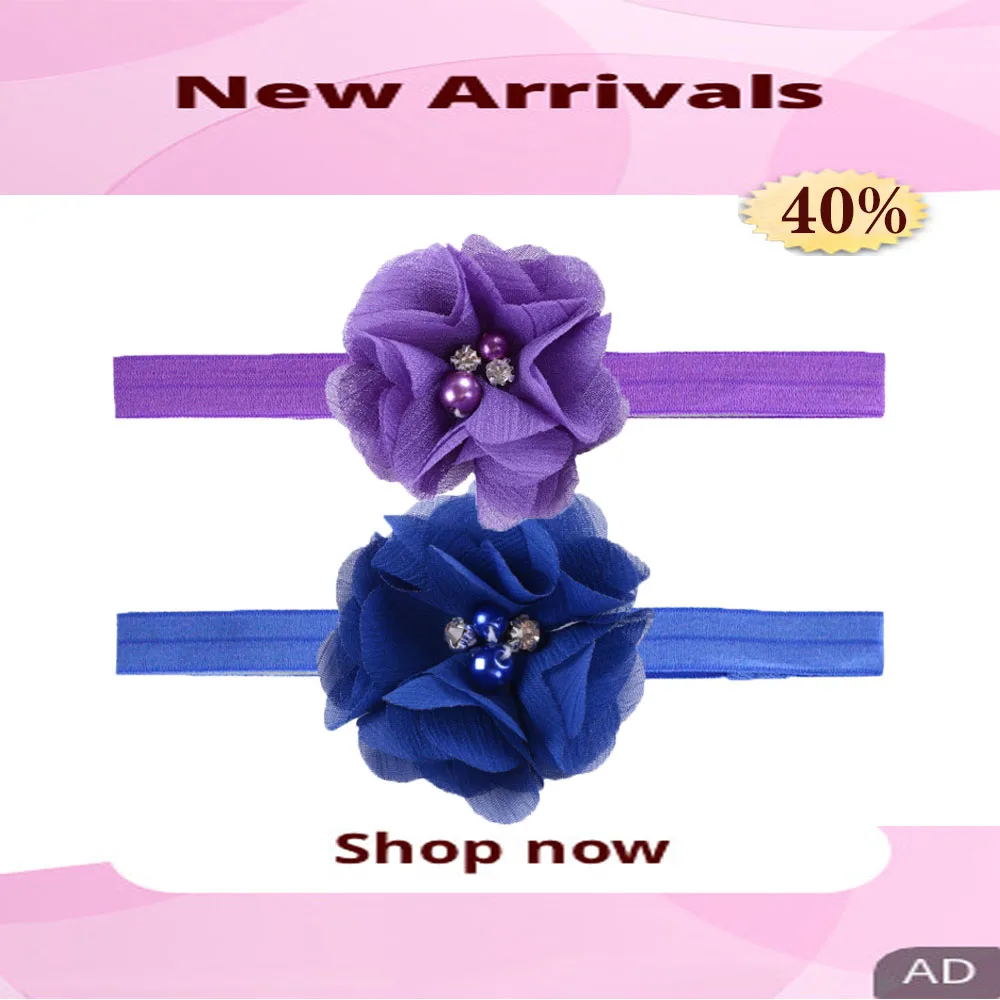 

Baby Hair Accessories Hand Stitched Pearl Rhindiamonds Chiffon Flower Pleated Flower Accessories Wide Children Elastic Headband