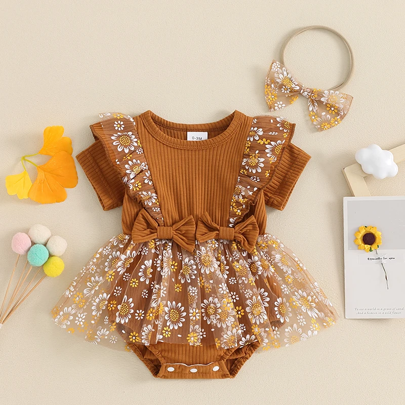 

Baby Girls Rompers Dress Short Sleeve Bowknot Flower Print Mesh Skirt Hem Infant Bodysuits Summer Clothes with Headband