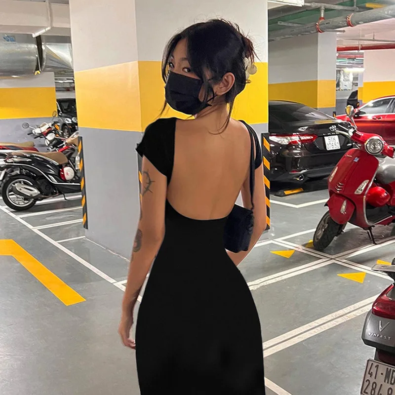 Hot Backless Black Dress - Sleeveless Patchwork High Waist Solid Long Dress