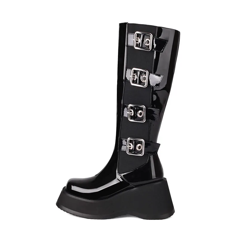 

New Arden Furtado 2023 Autumn Winter Wedges Knee High Boots Round toe Platform Side zipper High-heeled Belt buckle modern boots