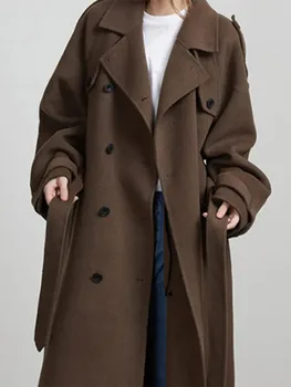 Cappotto lungo in lana con cintura alla moda per donna Cappotto doppiopetto a maniche lunghe con risvolto allentato 2025 Cappotto autunno inverno streetwear 1