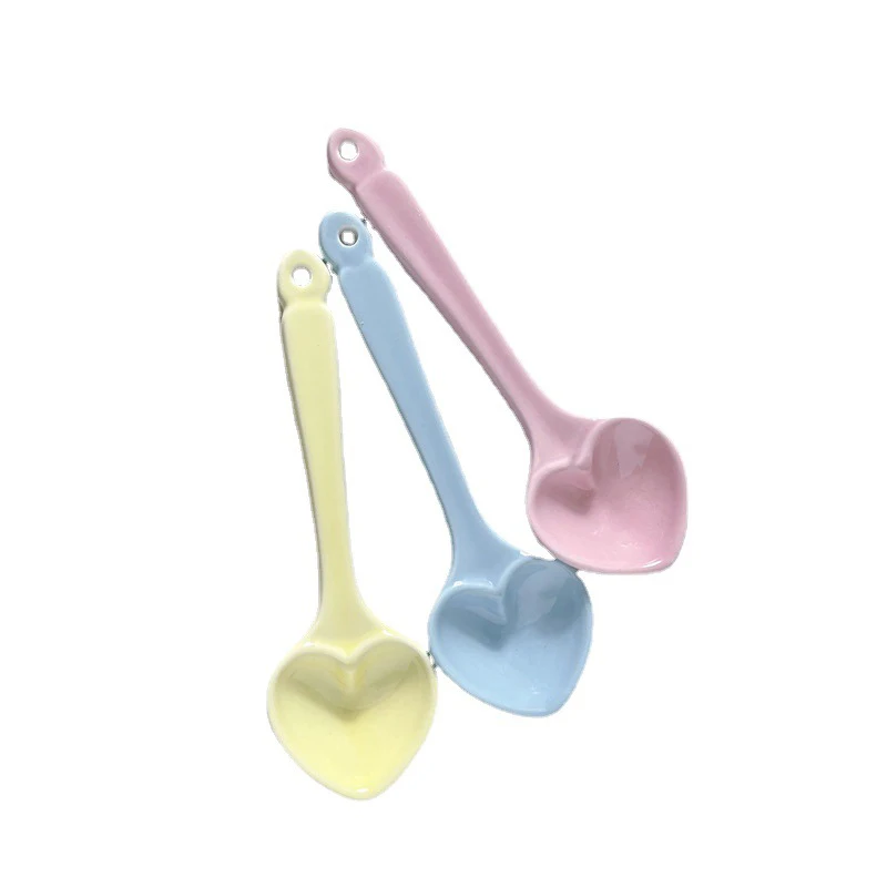마카롱 컬러 러브 세라믹 스푼, 간편한 청소, 하트 모양, 주방 용품, 커피 스푼, 부드럽고 유약 내구성, 편리한