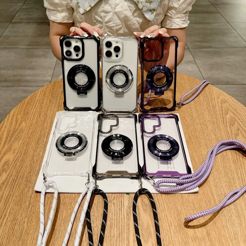 Magnetic Magsafe Crossbody Lanyard Phone Case with Four Corner Strap and Stand