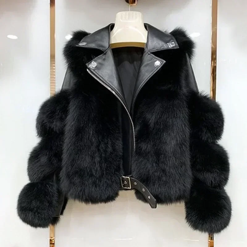 Fashionable warm short fox fur coat and sheepskin leather full fox fur motorcycle jacket luxury women's 2022 winter new