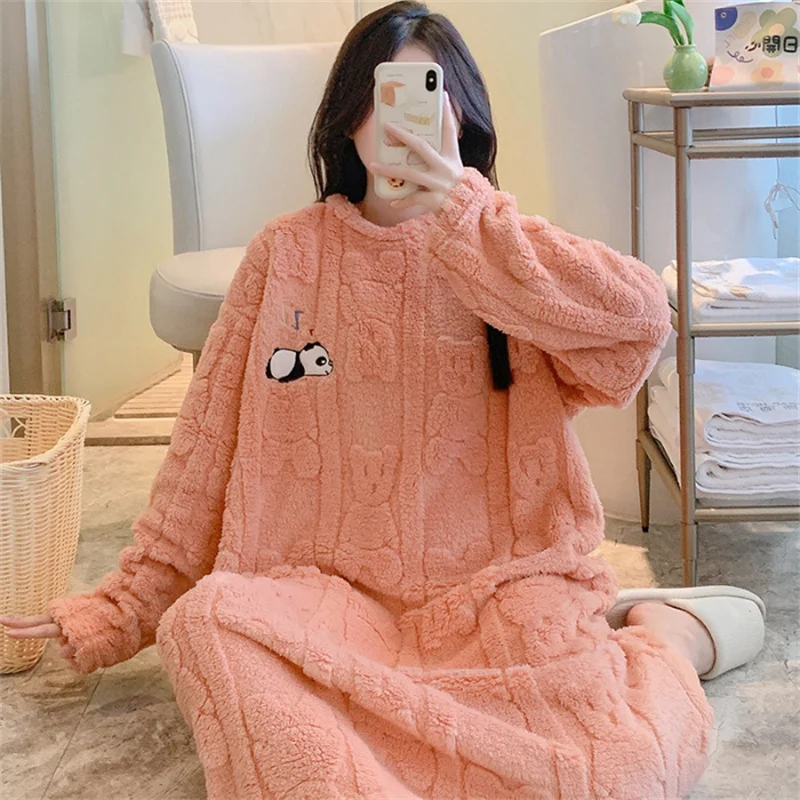 Autumn and Winter Cartoon Panda One-piece Pajamas Coral Fleece Thickened Warm Loungewear Mid-length Nightdress Sweet Nightwear