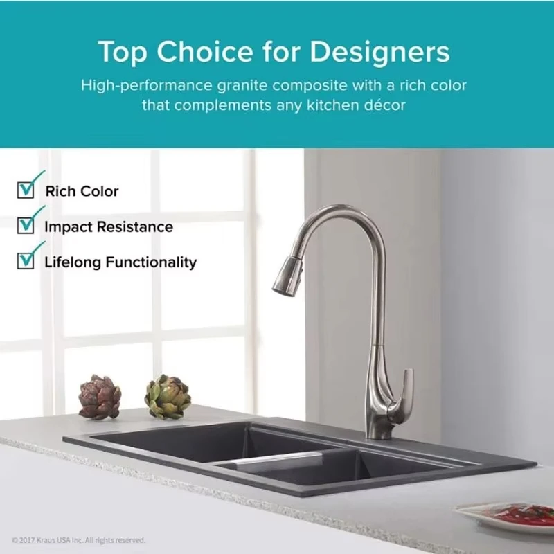 33-inch Drop-In/Undermount 50/50 Double Bowl Granite Kitchen Sink in Black Onyx, KGD-433B 4