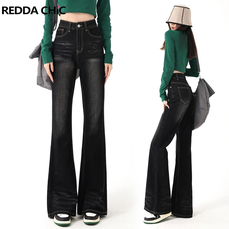 ReddaChic Academia Clothes Black Flared Jeans Mom Streetwear Women ...