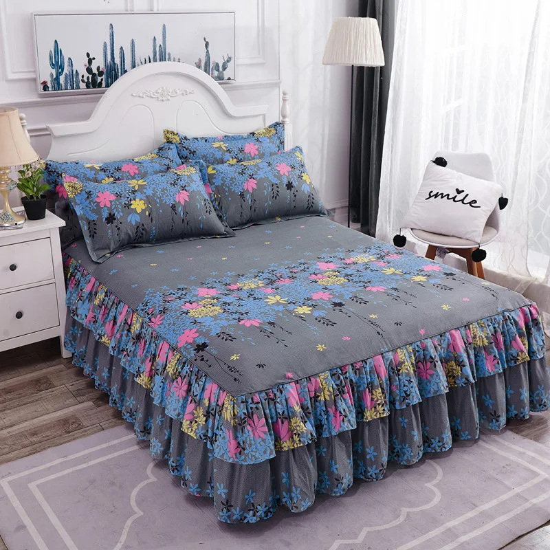

Korean Lace Brushed Bed Skirt Three-piece Bedspread Winter Plush Thick Quilted Bed Cover Skirt King Queen Pad Bedspread Includ