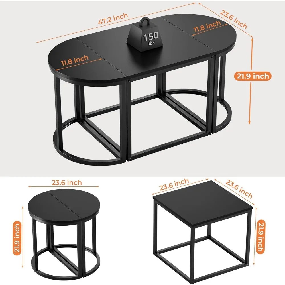 3pcs Set, Modern Living Room with 2 End Tables, Small with Metal Frame for Home Apartment, Black, Café Tables 4