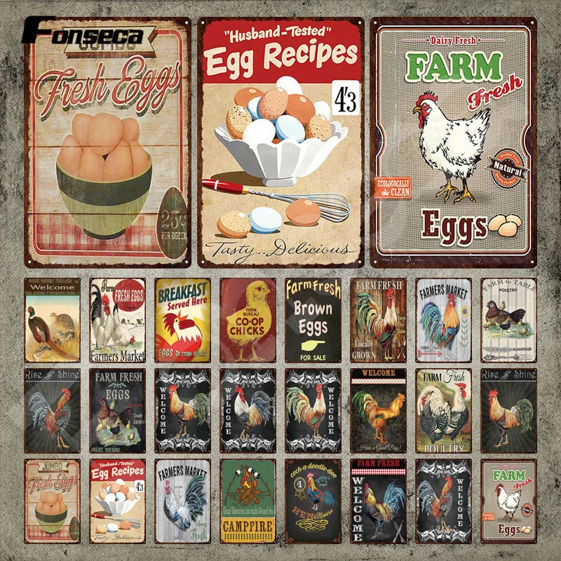 

Fresh Eggs Metal Tin Sign Welcome Farms Market Cocks Metal Poster Decorative Tin Plate Vintage Plaque for Farm Shop Decoration