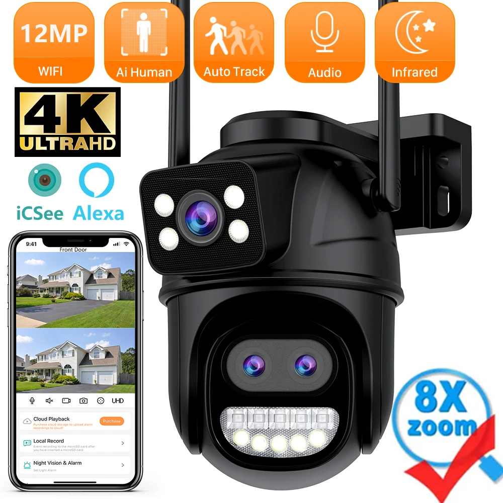 12mp Outdoor Wifi Camera Zoom Drie Lens Dubbele Schermen Ptz Videocamera 'S Auto Tracking Home Security Cctv 8mp Bewakingscamera