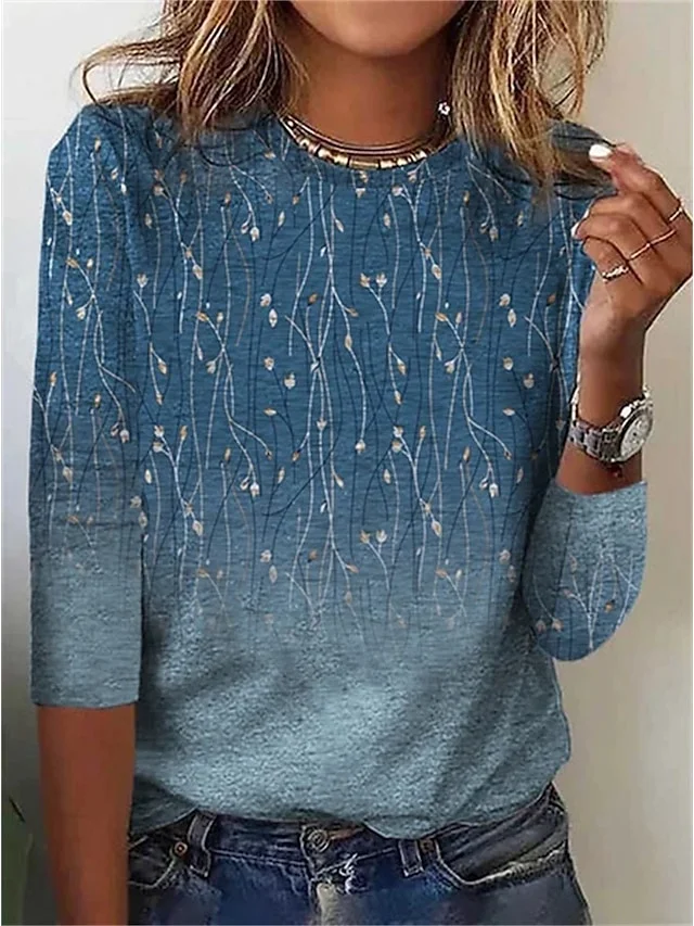 

Women's T Shirt Tee Floral Print Long Sleep Holiday Weekend Basic Round Neck Regular Blouse Top