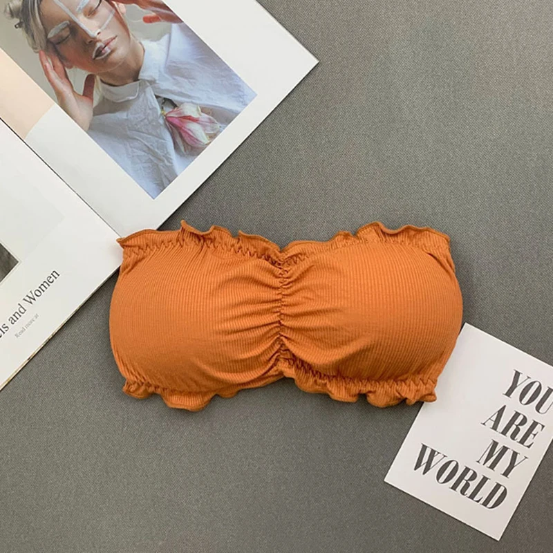 Women Lingerie Bra Ruffle Strapless Three Hook-and-eye Cotton Bra Crop Top Women Bra Invisible Beauty Back Off Shoulder Omighty Camisole