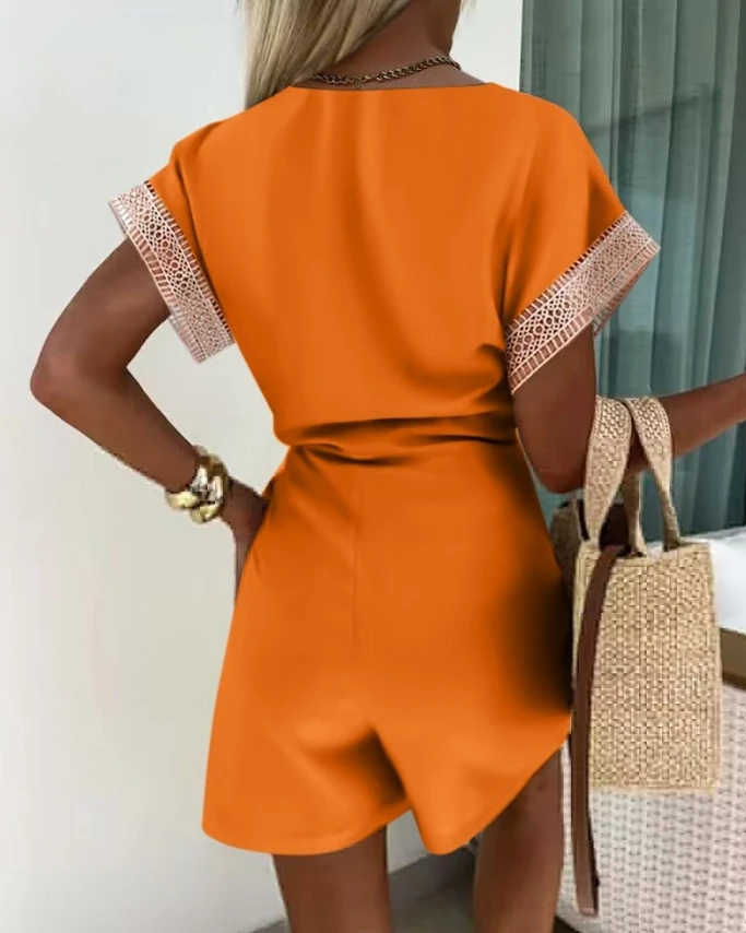 2024 Summer Women's New Fashion V-Neck Orange Tape Patch Hollow Out Design Lace Up Details Waist Wrapped Jumpsuit
