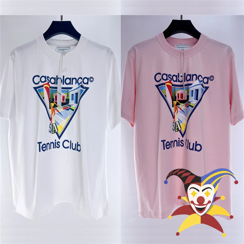 

Pink Black White Triangle Printing Casablanca Tennis Club T-Shirt Men Women Tee Short Sleeve Inside Tags