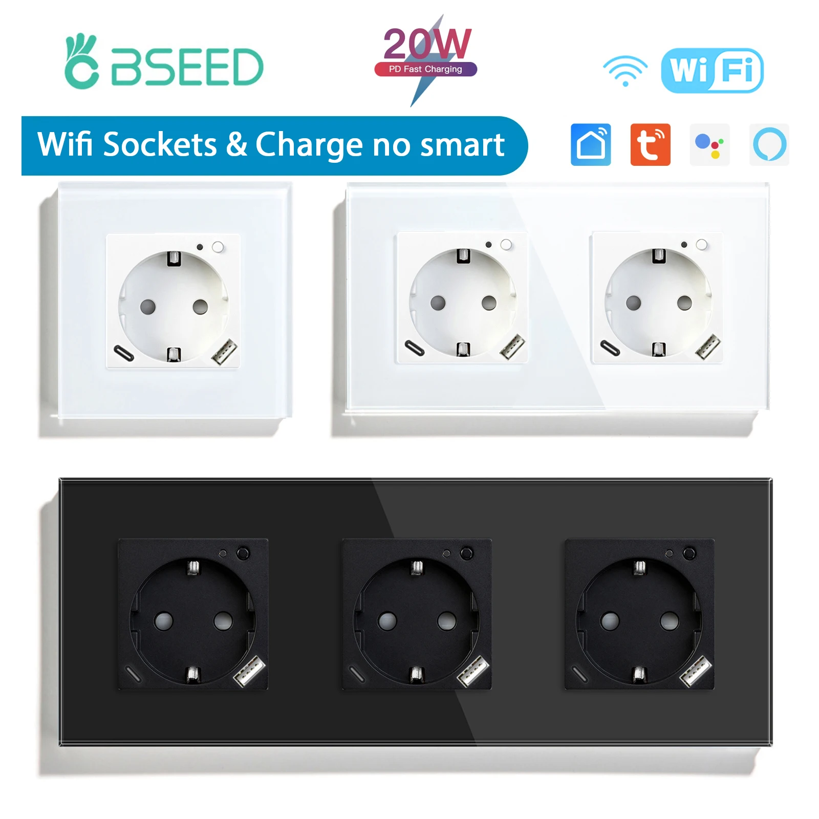 Bseed-tomadas de Parede Wifi Padrão da ue Saída Usb tipo c 20w Carregamento Rápido Samrt Funciona com Alexa Google Home Aplicativo Tuya